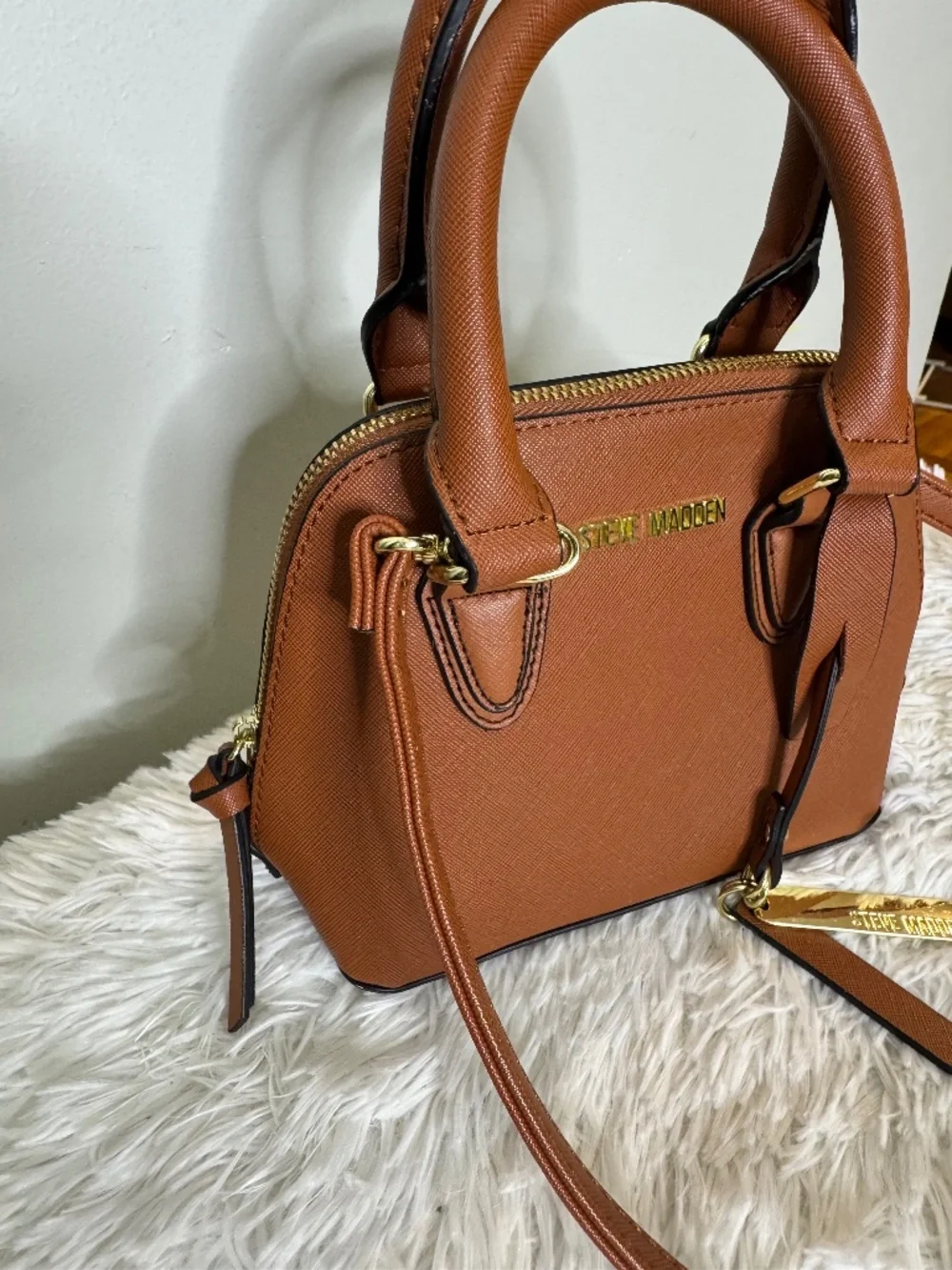 Steve Madden Small Brown Satchel Crossbody Bag with Detachable Strap.